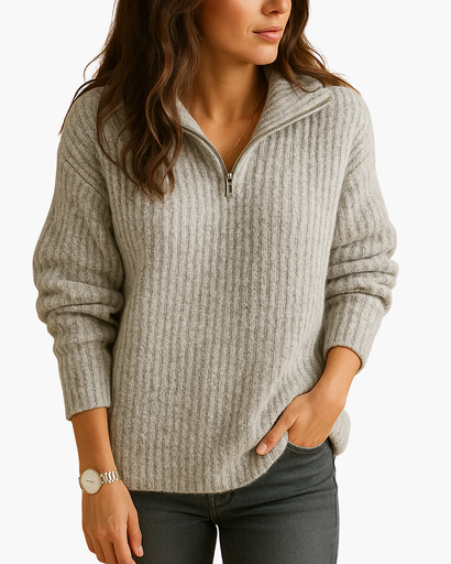 Pull côtelé avec demi-zip et col montant pour femme