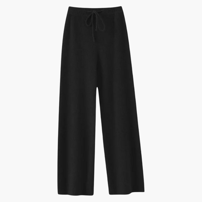 Pantalon large en laine marron chiné à taille haute et cordon de serrage, vue à plat de face