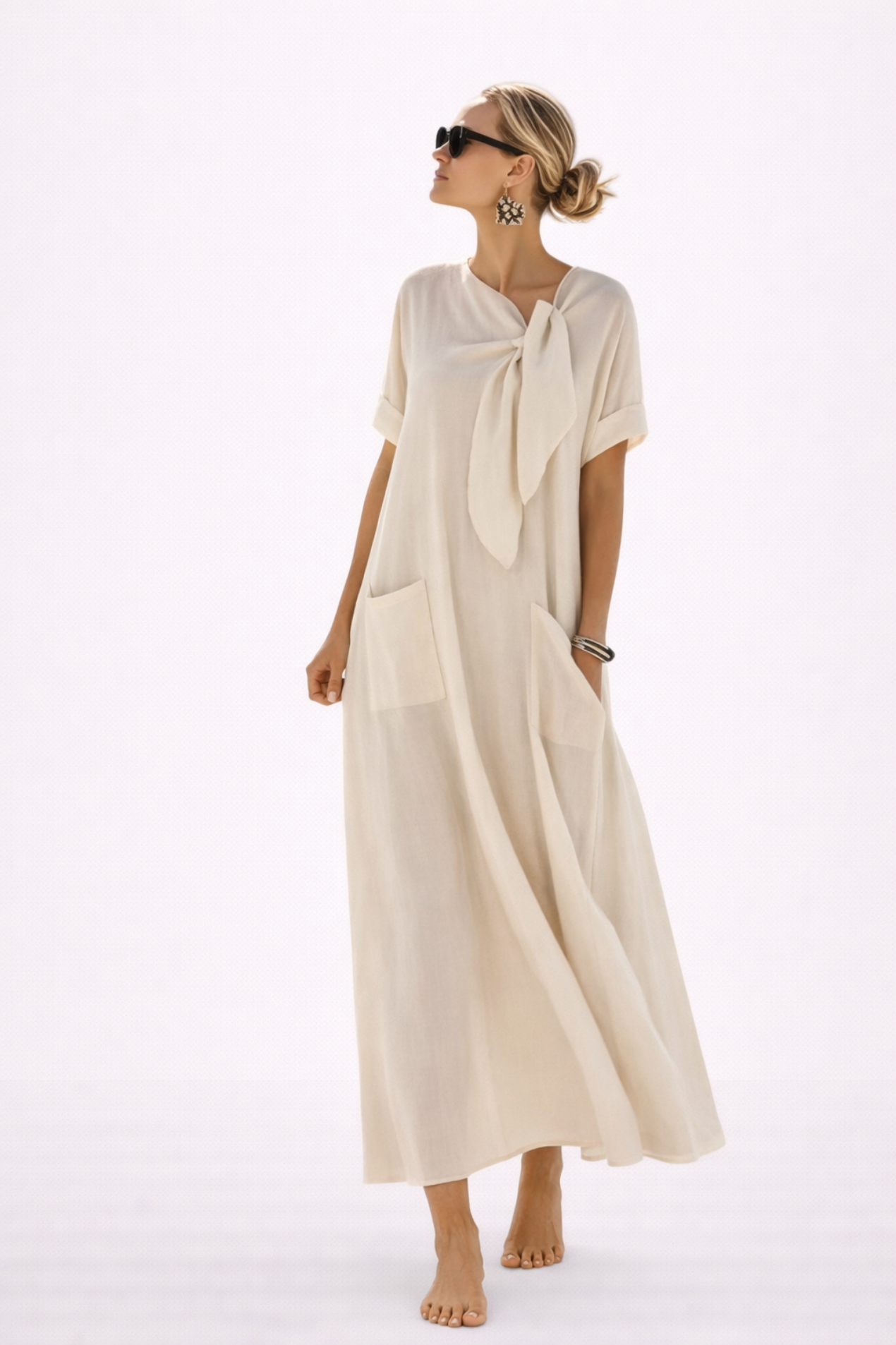 Robe Longue Femme Décontractée – Robe Fluide Avec Nœud et Grandes Poches