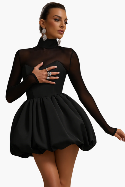 Robe Courte Femme Élégante – Col Haut en Maille Transparente et Jupe Boule
