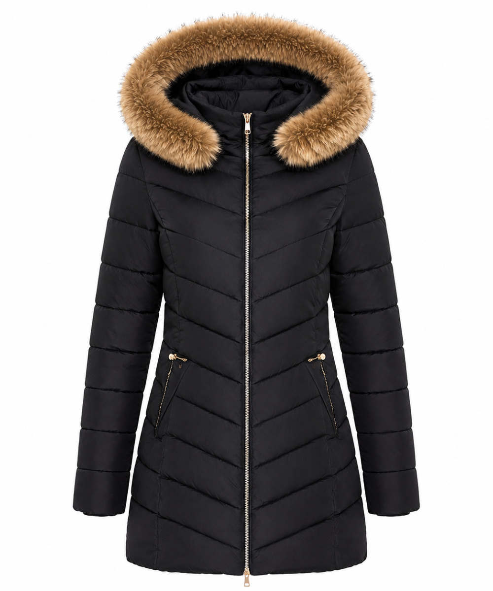 Détail de la capuche amovible en fausse fourrure du manteau