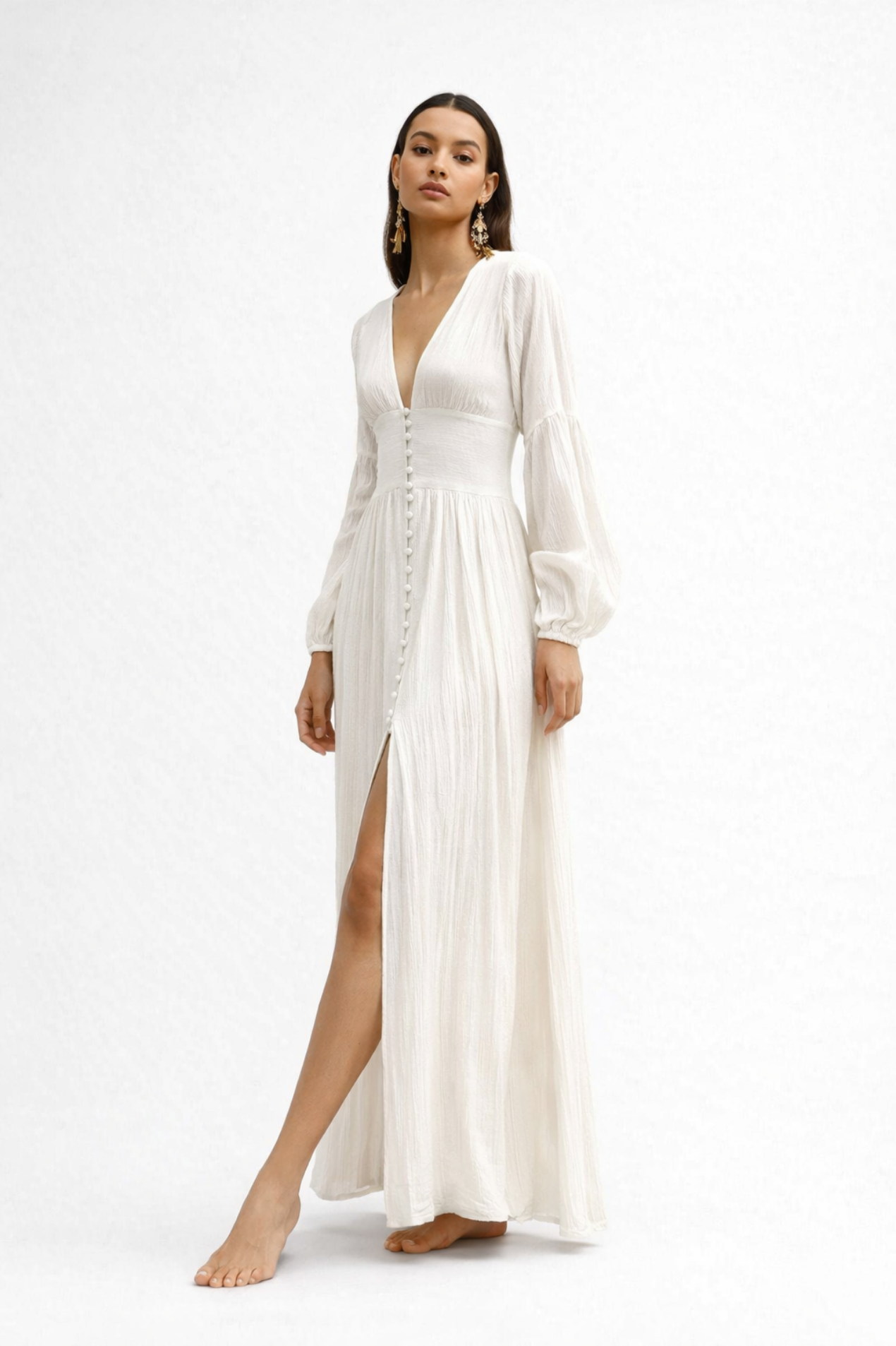 Robe Longue Femme Col V – Robe Fluide Élégante À Manches Longues