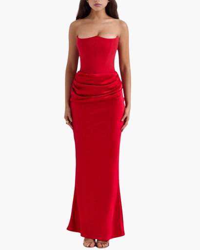 Robe Longue Bustier Satinée – Élégance Romantique Rose Poudré