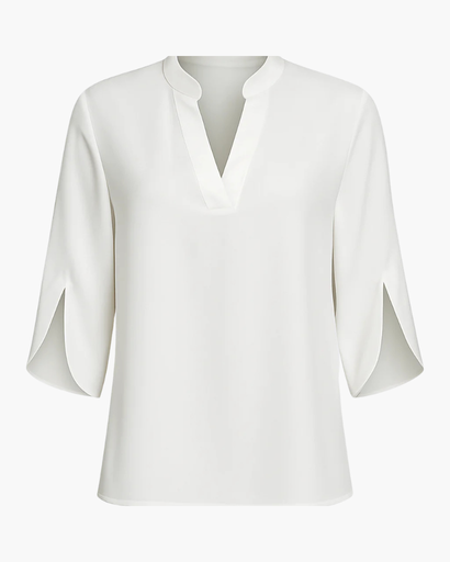 Top femme col en V – coupe fluide et manches 3/4 fendues | Blouse en lin respirante