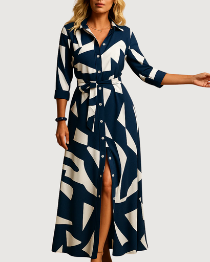 Robe Chemise Longue Élégante – Ceinture Taille et Boutonnage Avant