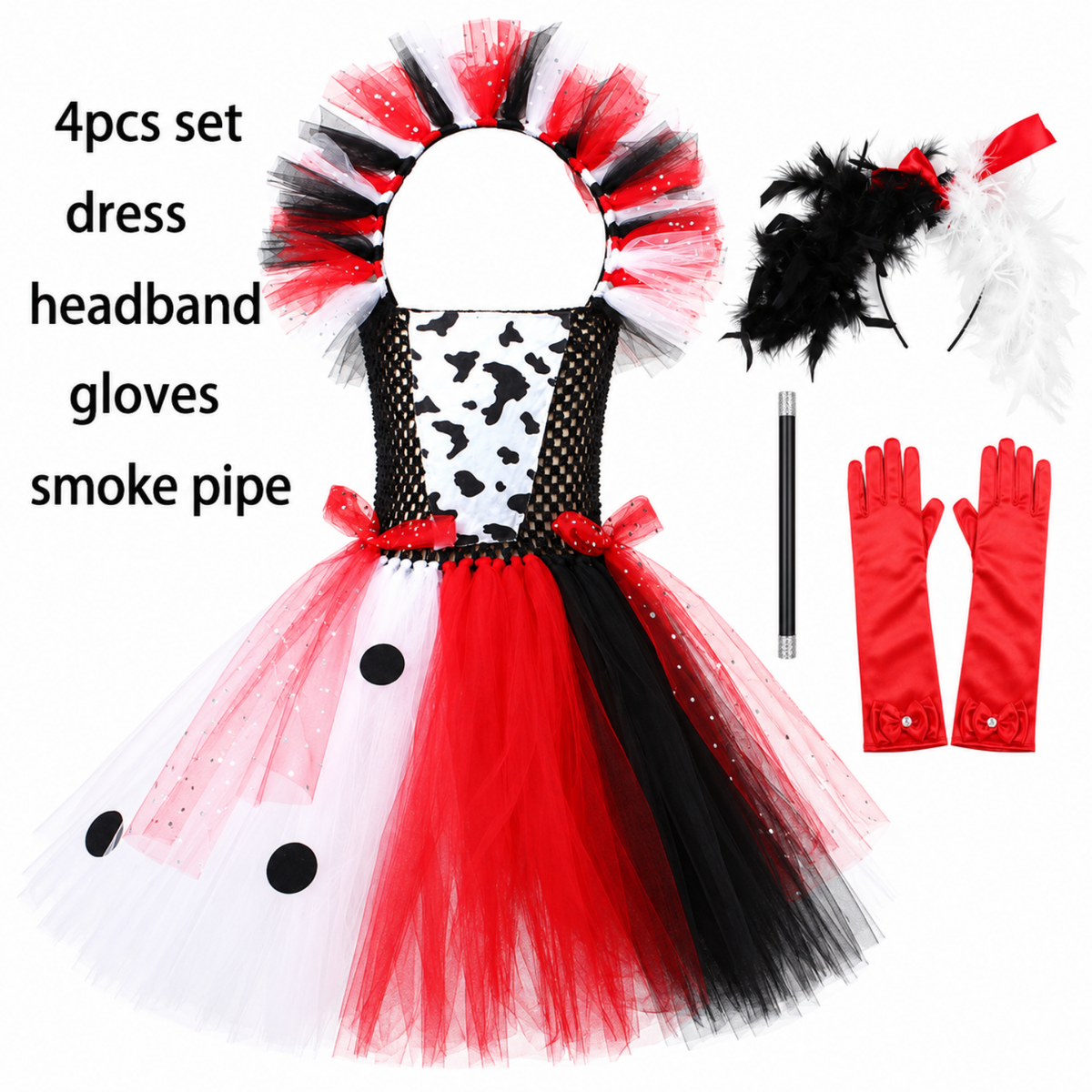 Costume de vilaine à pois dalmatien porté avec headband, gants et canne