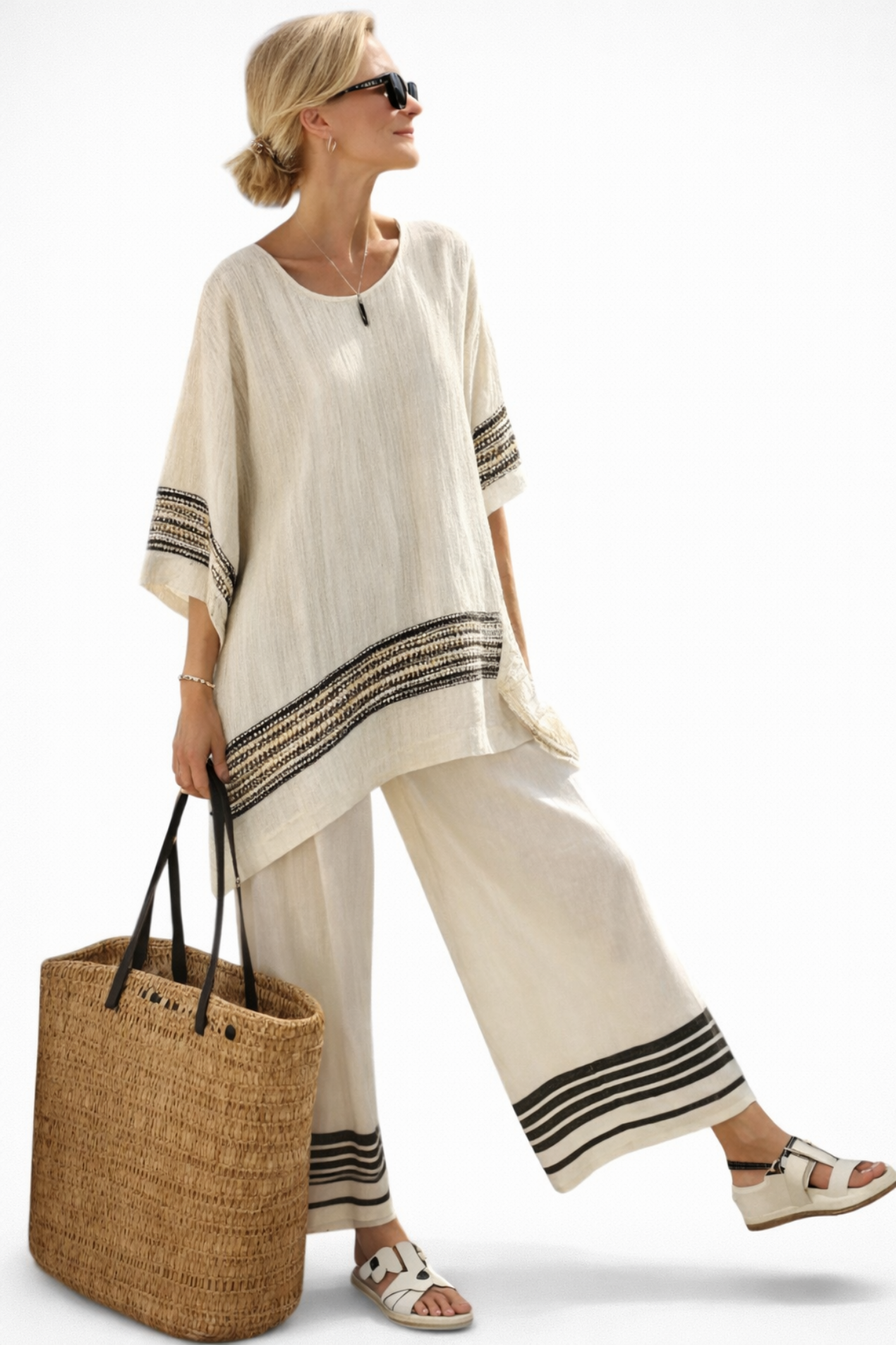 Ensemble Femme Lin Pantalon Large & Tunique Bohème – Tenue Estivale Naturelle | Style Élégant Été