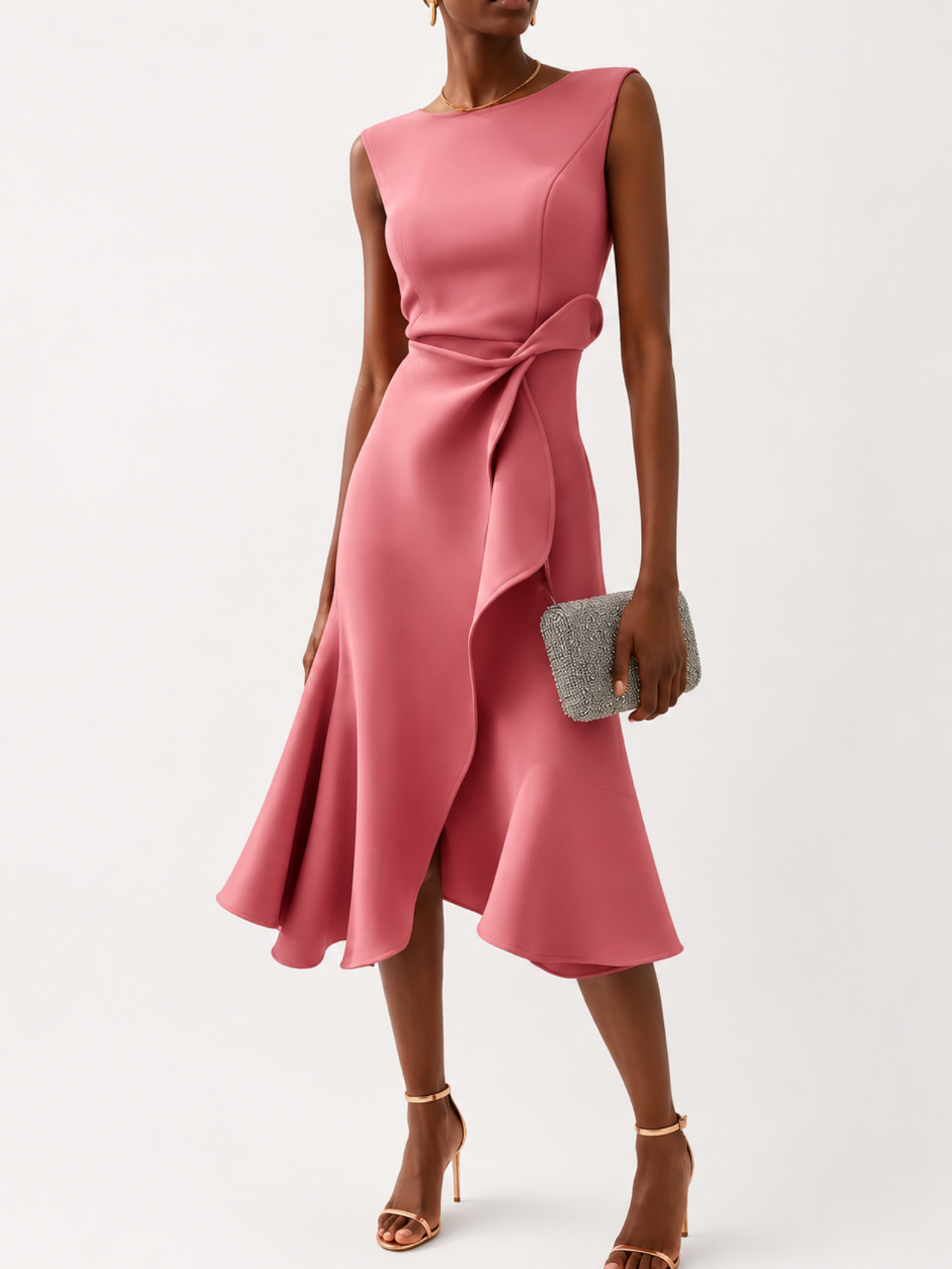 Robe Midi Femme Satinée Drapée – Sans Manches & Évasée | Cérémonie & Invitée Mariage Chic