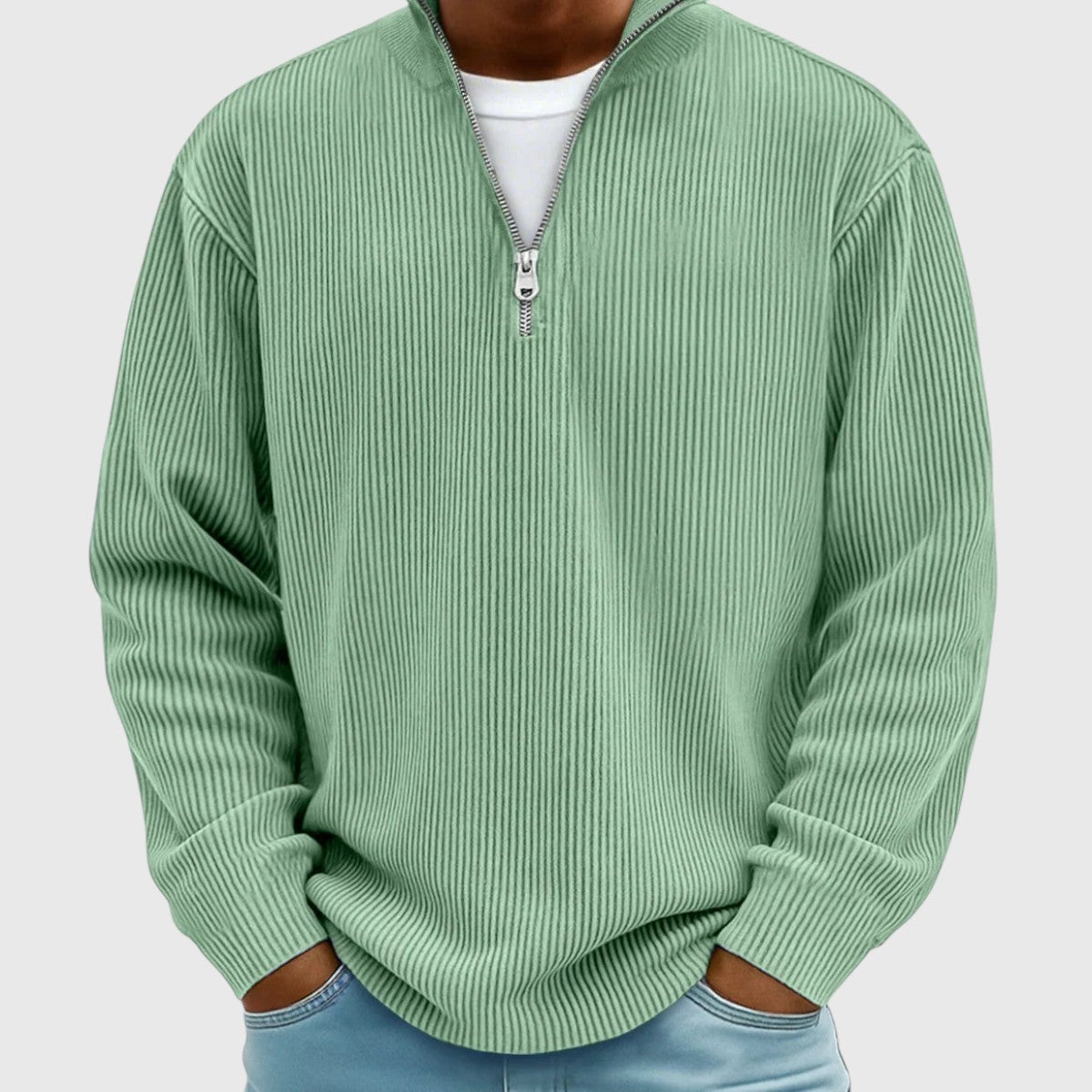 pull femme col montant demi-zip, coloris vert