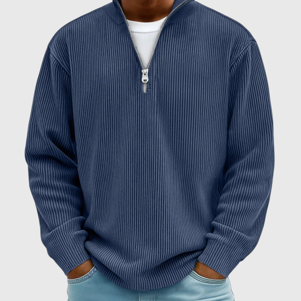 pull femme col montant demi-zip, coloris bleu marine