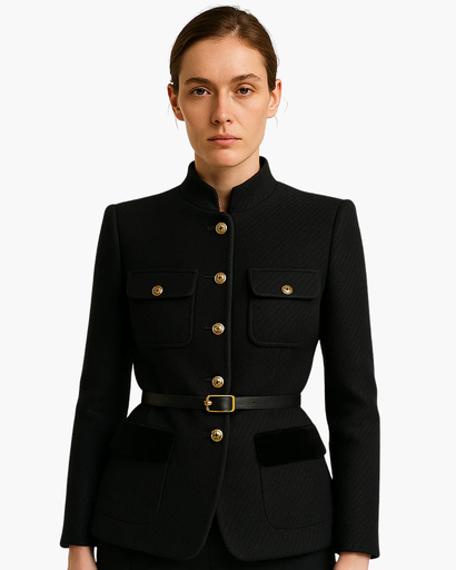 Veste femme structurée à boutons dorés et ceinture