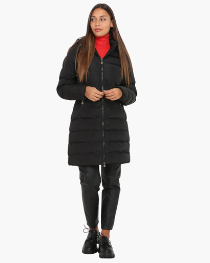 Veste longue matelassée pour femme avec capuche et fermeture éclair