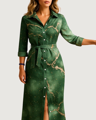 Robe Chemise Longue Élégante – Ceinture Taille et Boutonnage Avant