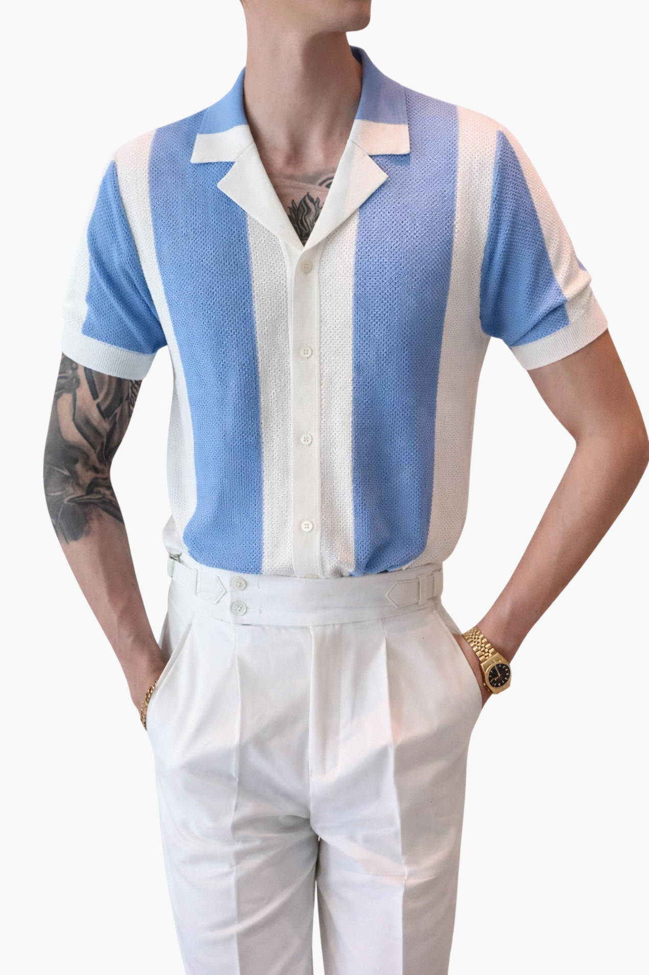 Chemise Homme Tricotée Rayée – Style Resort Élégant à Manches Courtes