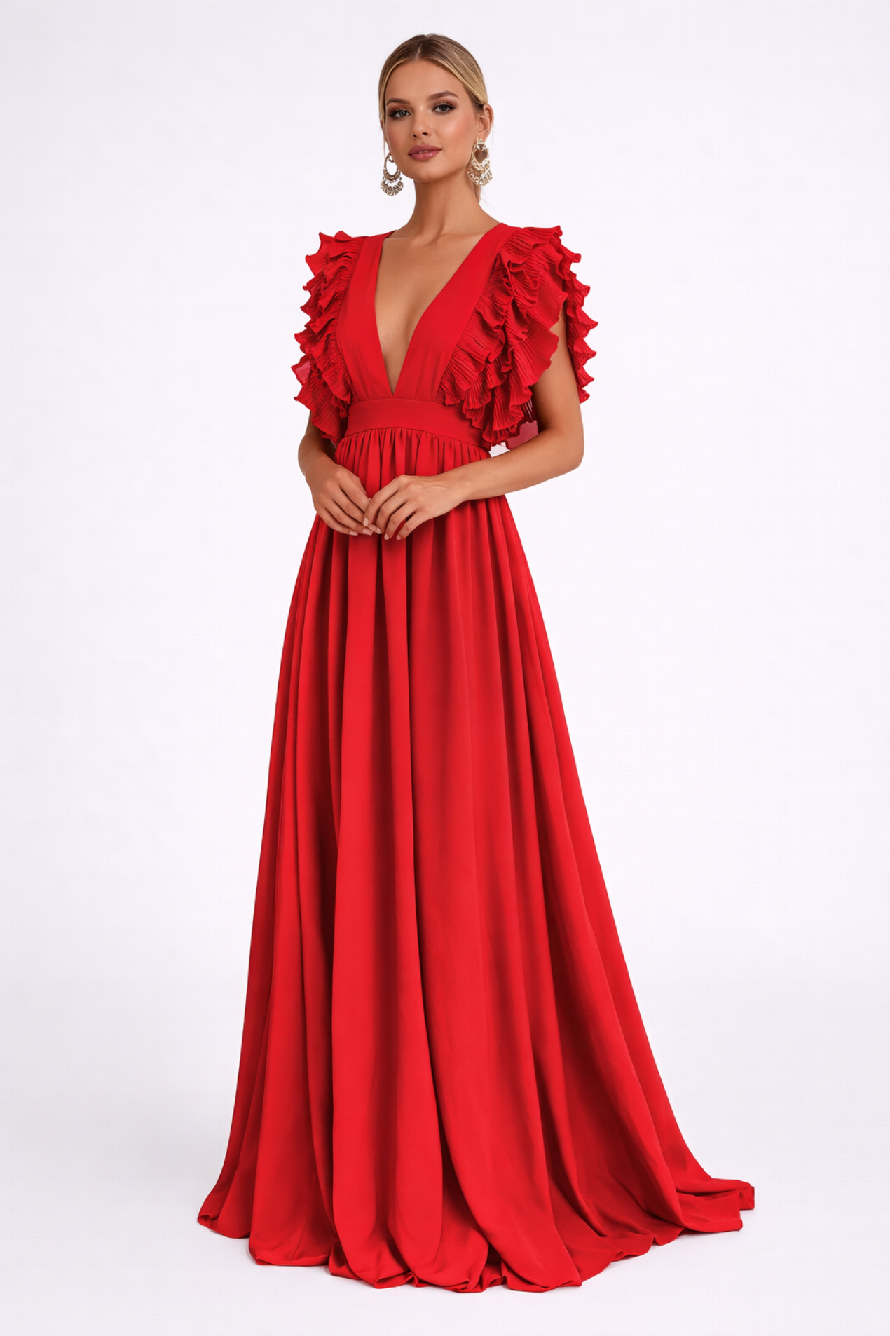 Robe Longue Femme Élégante – Décolleté Plongeant et Volants Romantiques