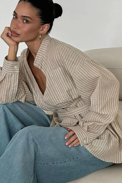 Blouse Femme Rayée à Ceinture – Coupe Fluide Élégante à Manches Longues
