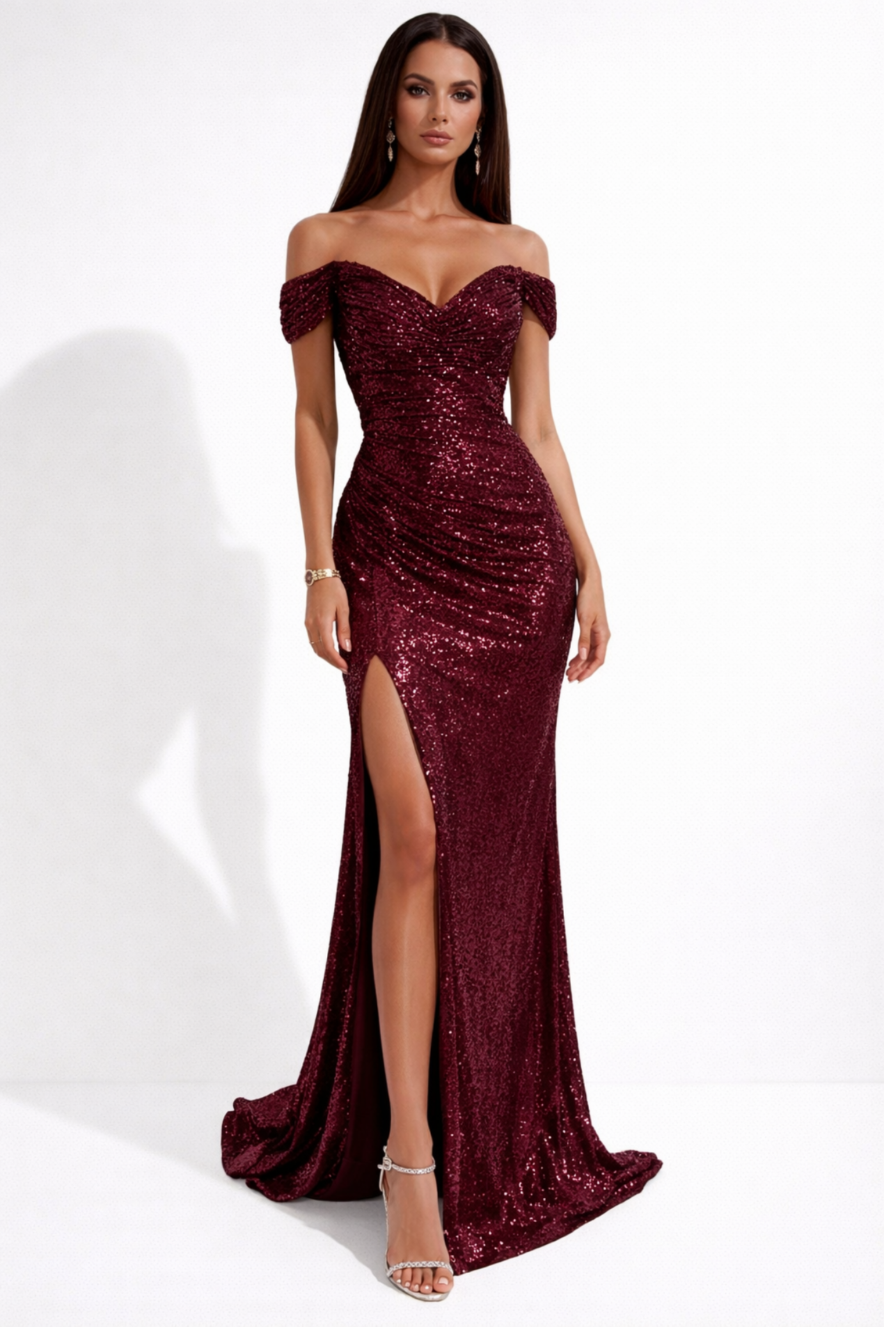 Robe Longue Bardot Épaules Dénudées Soirée – Fente Glamour Bleu Noir
