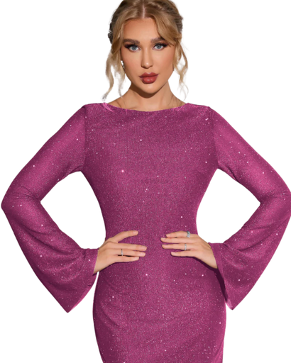 Robe pailletée femme élégante – Robe fluide avec dos ouvert et manches longues