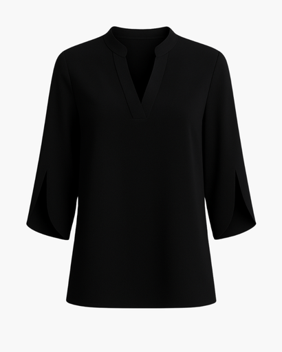 Top femme col en V – coupe fluide et manches 3/4 fendues | Blouse en lin respirante