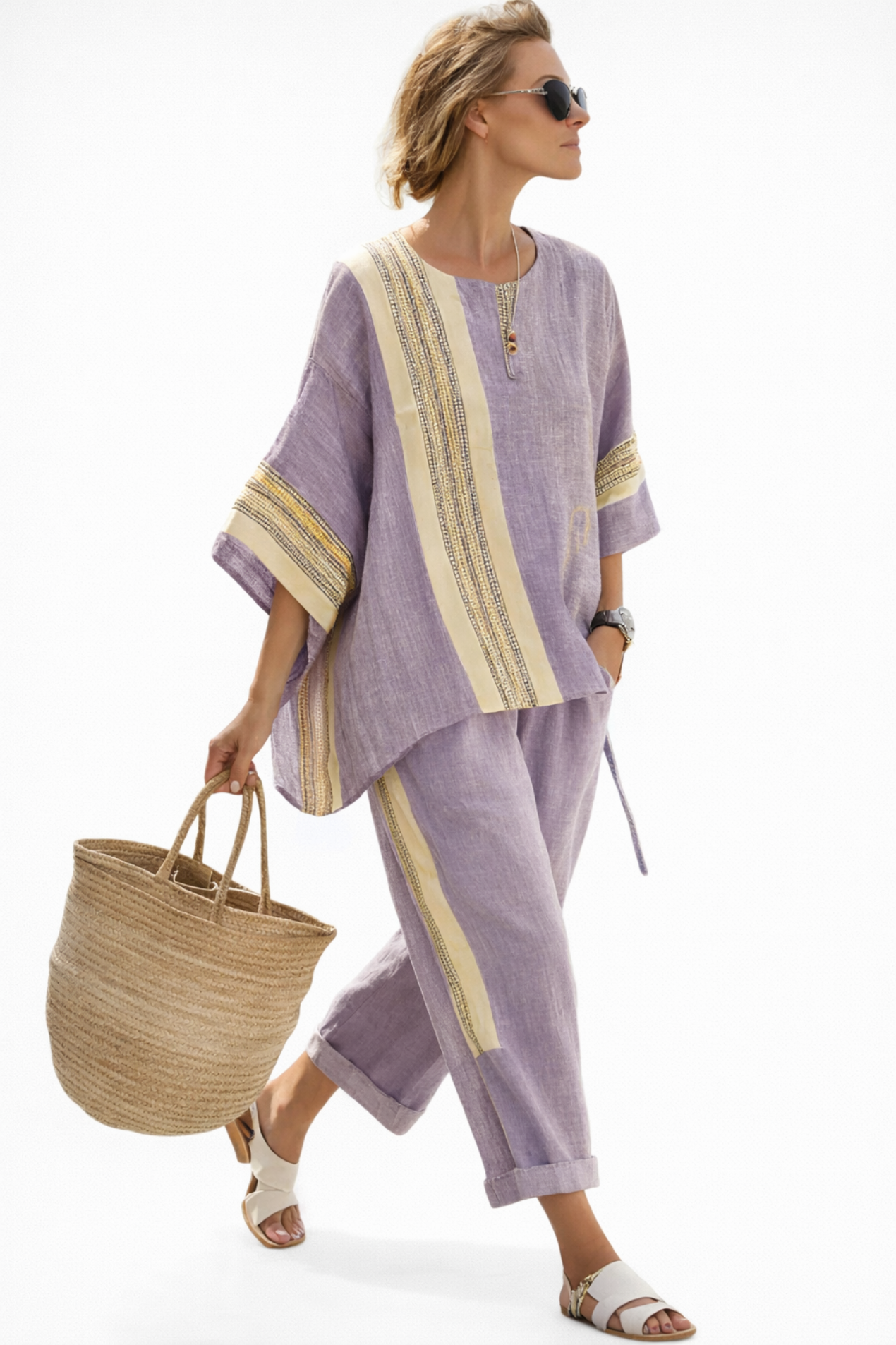Ensemble Femme Lin Pantalon Large & Tunique Bohème – Tenue Estivale Naturelle | Style Élégant Été