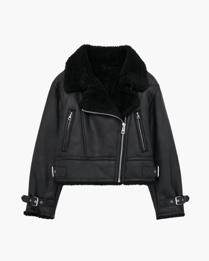 Veste Femme Biker en Cuir Synthétique à Col Moutonné