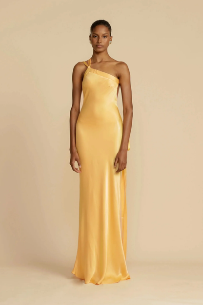Robe Longue Femme Satinée – Robe Élégante Asymétrique à Une Épaule
