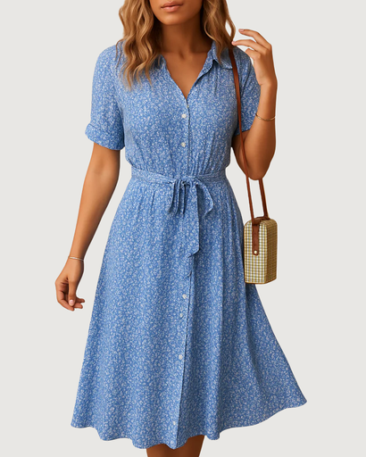 Robe midi à fleurs avec manches courtes et ceinture nouée