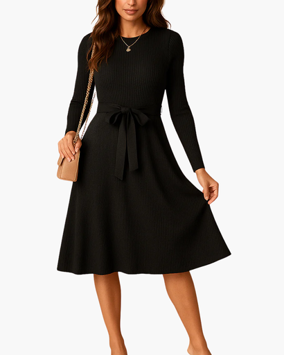 Robe midi en maille avec ceinture et manches longues pour femme