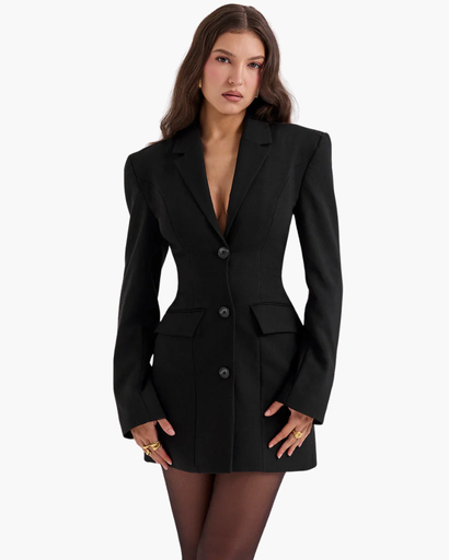 Robe Blazer Femme Noire Structurée – Coupe Élégante & Manches Longues | Bureau & Invitée Mariage