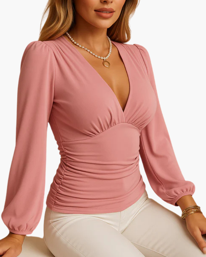 Top femme col en V avec fronces et manches longues