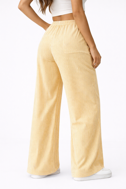 Pantalon femme rayé jaune, vue de dos