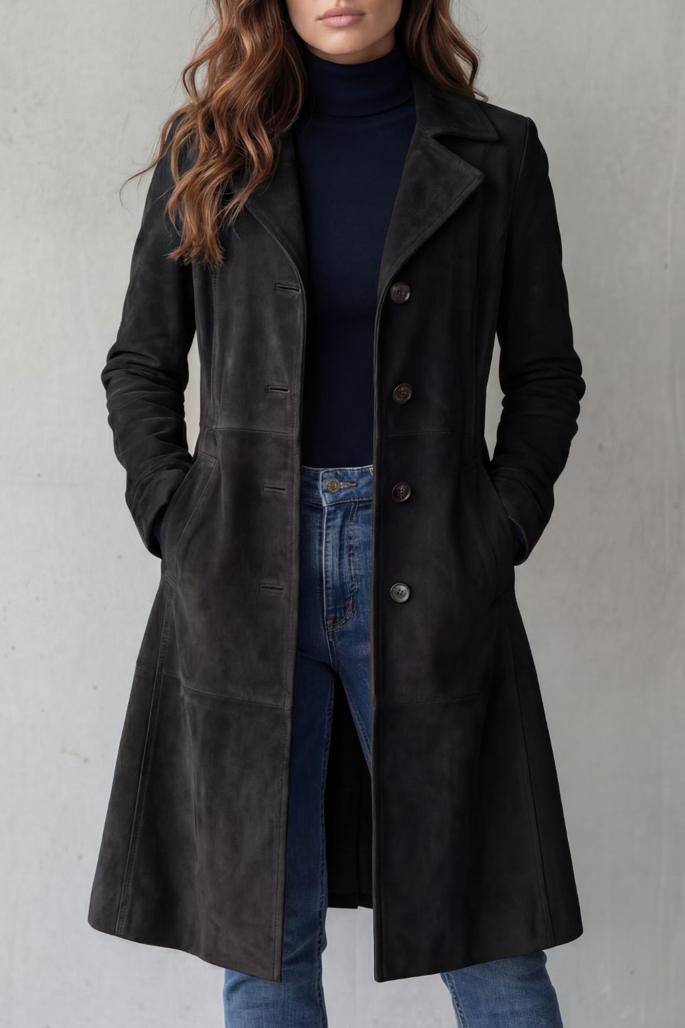 Manteau long vintage effet suédine noir, vue de face