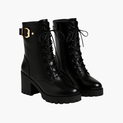 Bottes talons épaisses femme boucle dorée, vue de profil