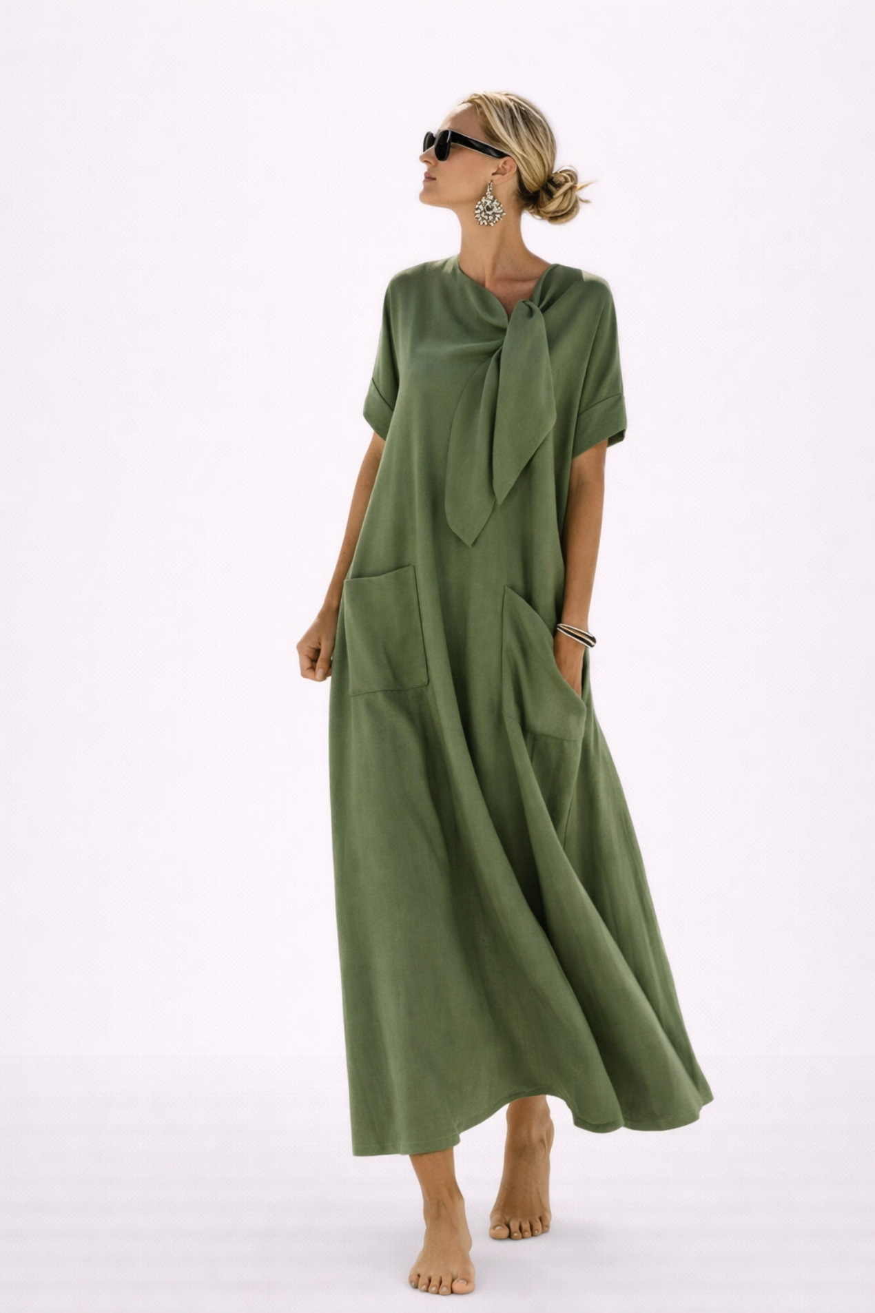 Robe Longue Femme Décontractée – Robe Fluide Avec Nœud et Grandes Poches
