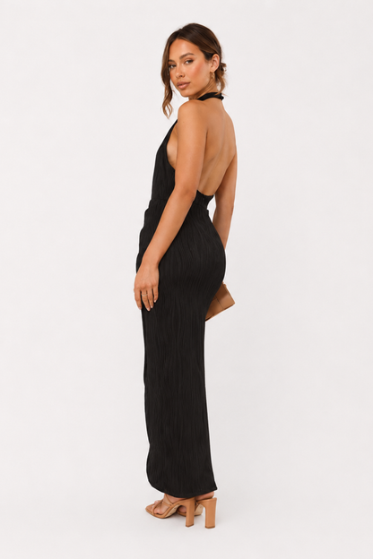 Robe Midi Femme Col Halter Drapé – Dos-Nu & Évasée | Cocktail & Invitée Mariage Cérémonie
