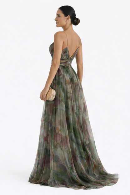 Robe longue élégante femme décolleté v bretelles fines robe soirée fluide imprimé violet