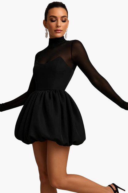 Robe Courte Femme Élégante – Col Haut en Maille Transparente et Jupe Boule