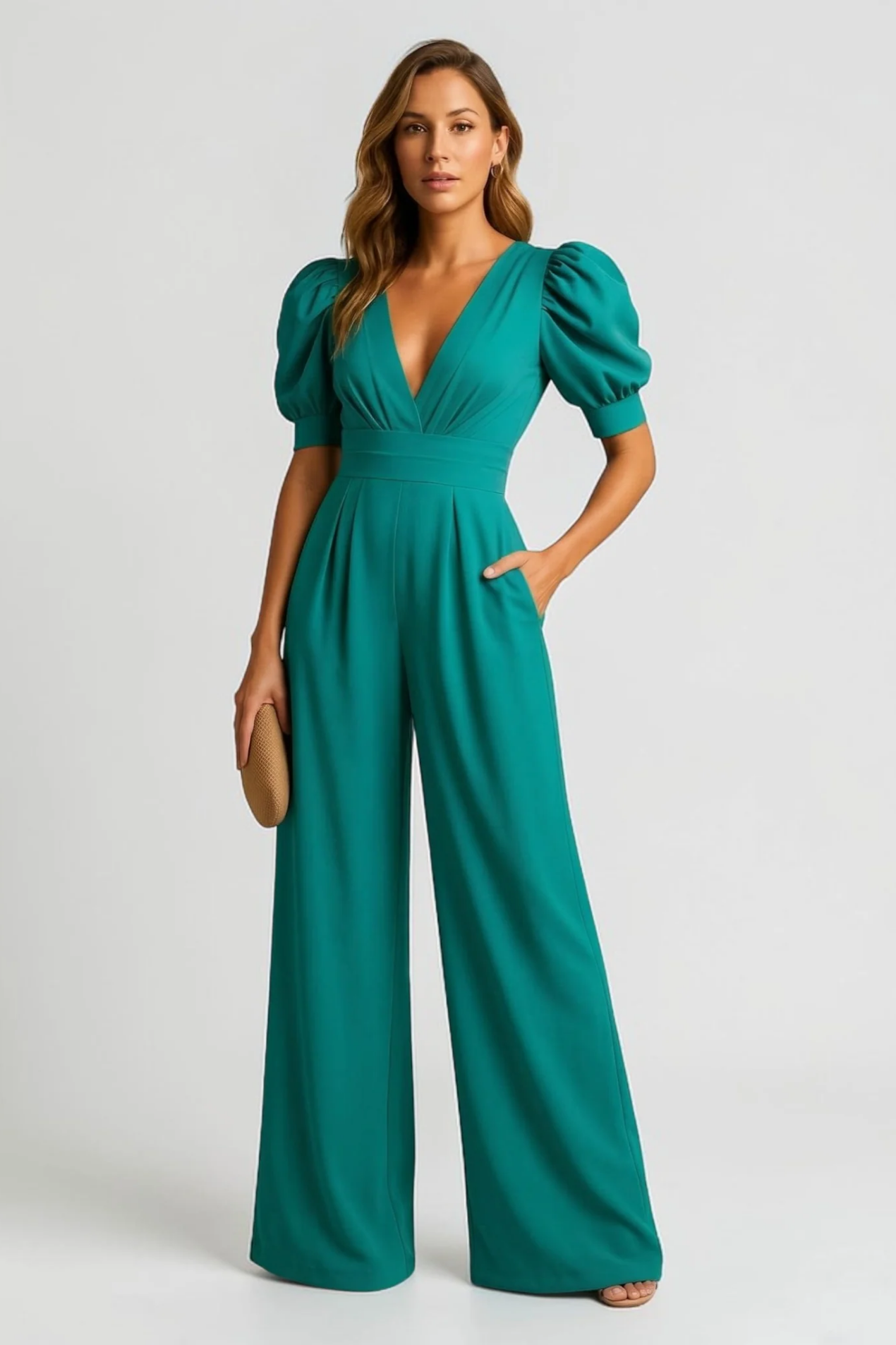 Combinaison Femme Élégante – Col V avec Manches Bouffantes et Jambes Larges