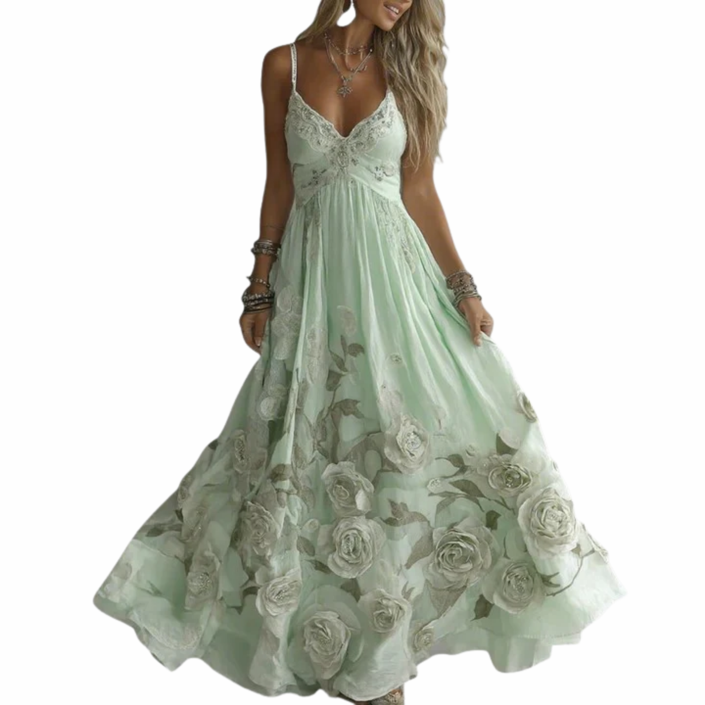 Robe Longue Femme – Bohème Fleurie Col en V, Invitée de Mariage | Robe Maxi Cérémonie