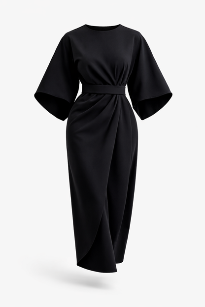 Robe midi élégante femme taille ceinturée manches larges robe chic moderne