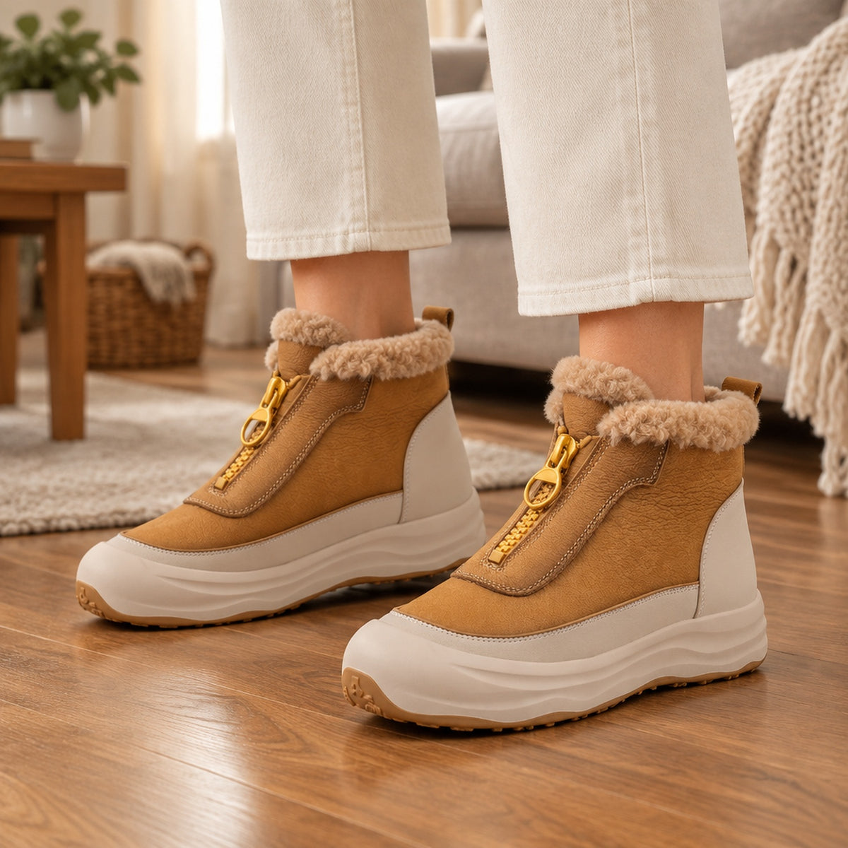 Mannequin portant les bottines chunky camel en cuir véritable, photo en intérieur