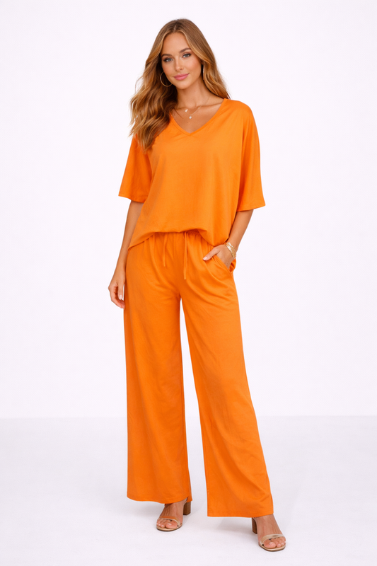 Ensemble Femme 2 Pièces Haut Col V & Pantalon Large Fluide – Tenue Élégante | Invitée de Mariage