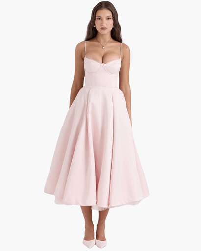 Robe Midi Corset Femme – Coupe Cintrée & Évasée | Cérémonie & Invitée Mariage Chic