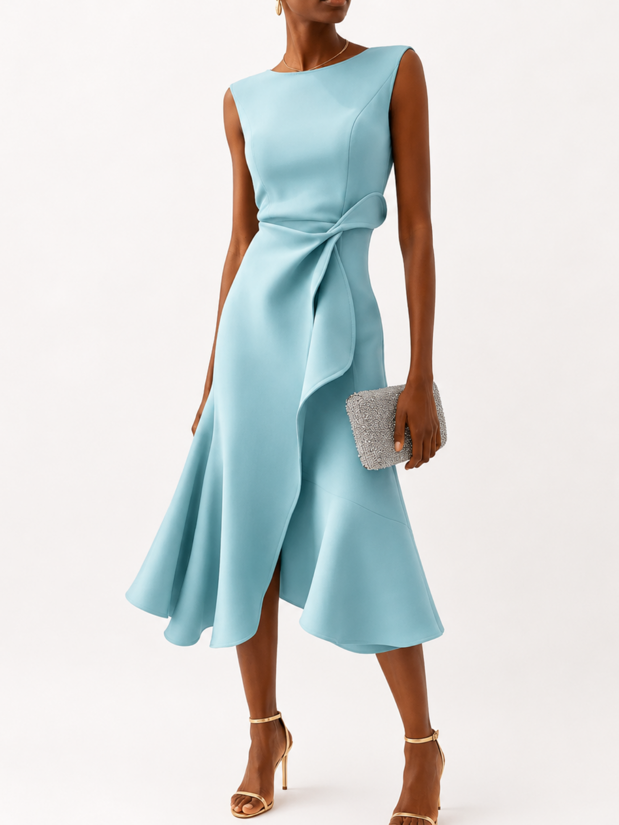 Robe Midi Femme Satinée Drapée – Sans Manches & Évasée | Cérémonie & Invitée Mariage Chic