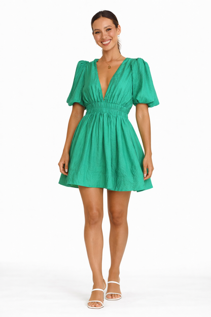 Robe Courte Femme Décolleté V – Robe Fluide Élégante À Taille Smockée