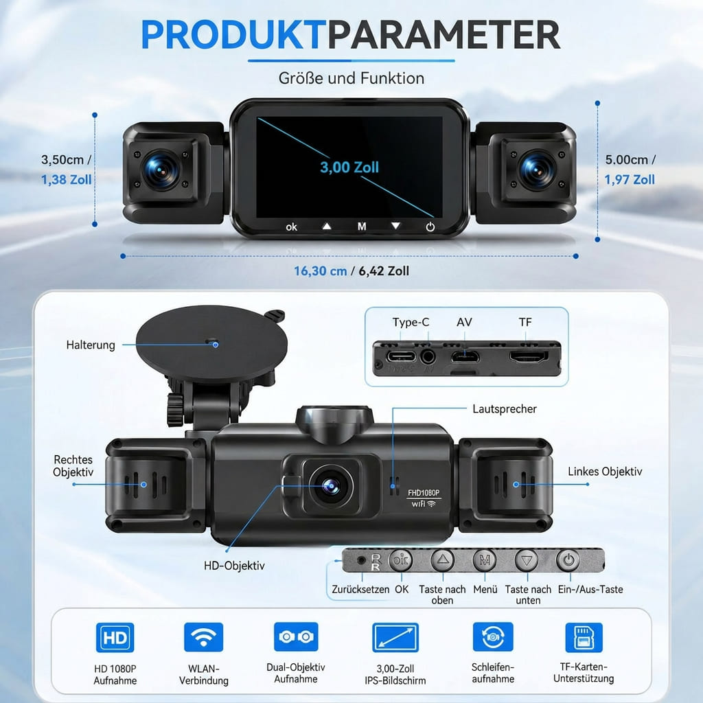 Écran IPS de la dashcam affichant l'image en direct