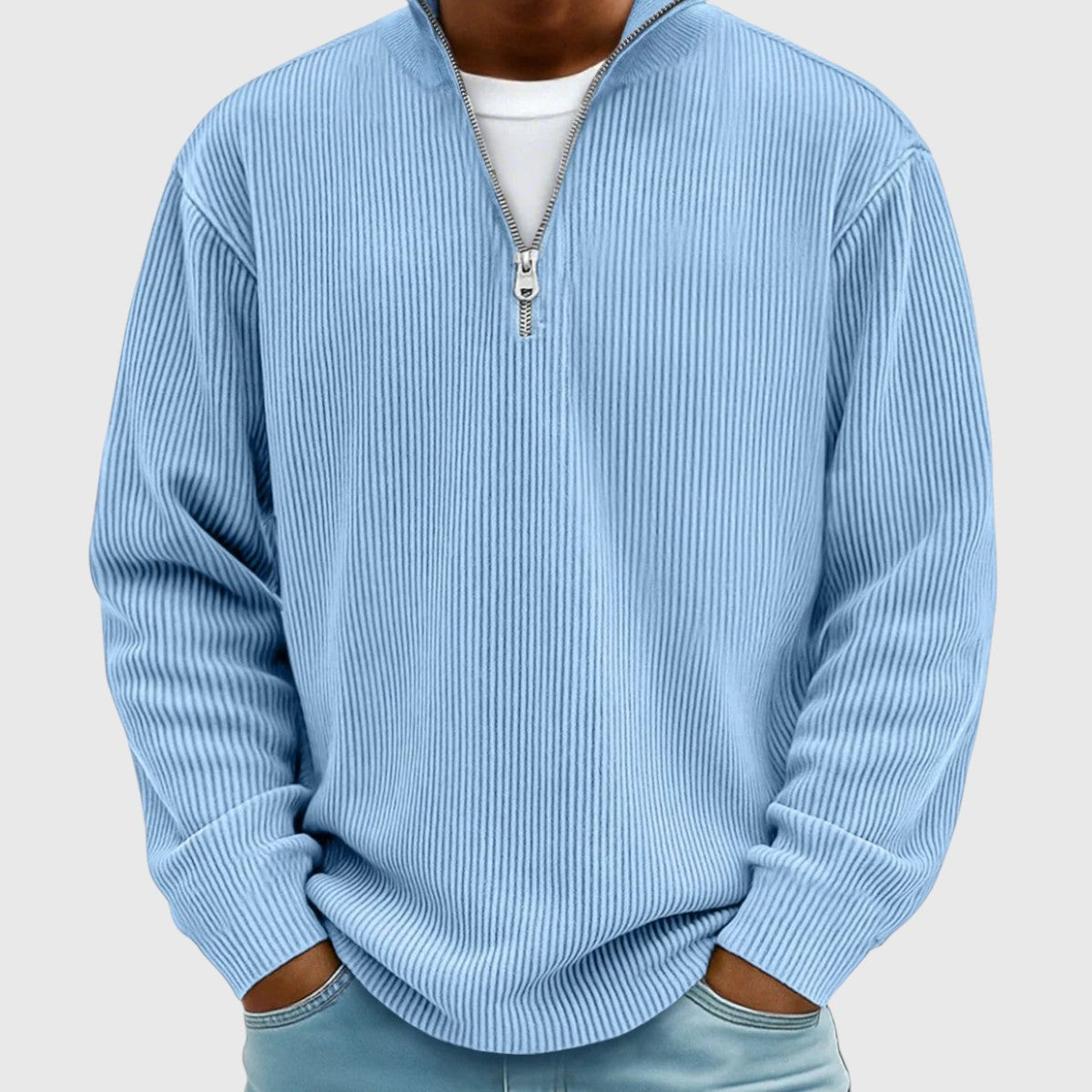 pull femme col montant demi-zip, coloris bleu
