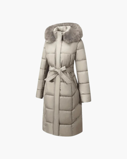 Manteau long femme matelassé avec ceinture et capuche