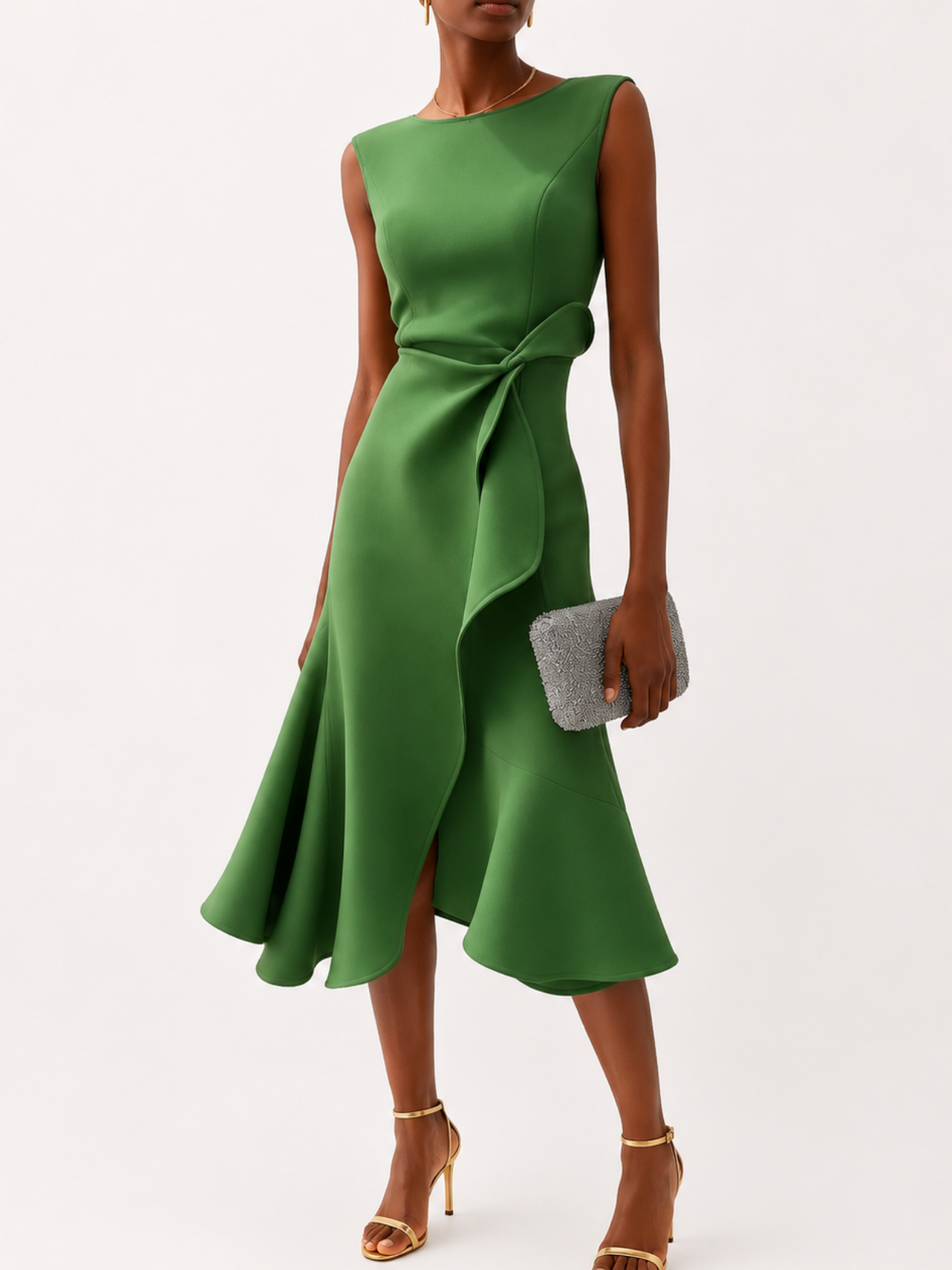 Robe Midi Femme Satinée Drapée – Sans Manches & Évasée | Cérémonie & Invitée Mariage Chic