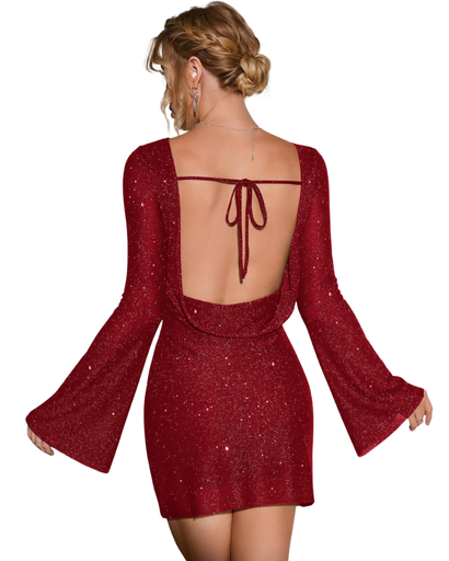 Robe pailletée femme élégante – Robe fluide avec dos ouvert et manches longues